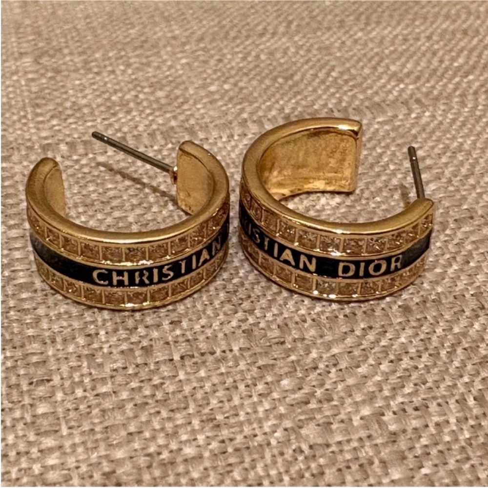 Christian Dior Gold-Tone Hoop Earrings with Black Enamel Band